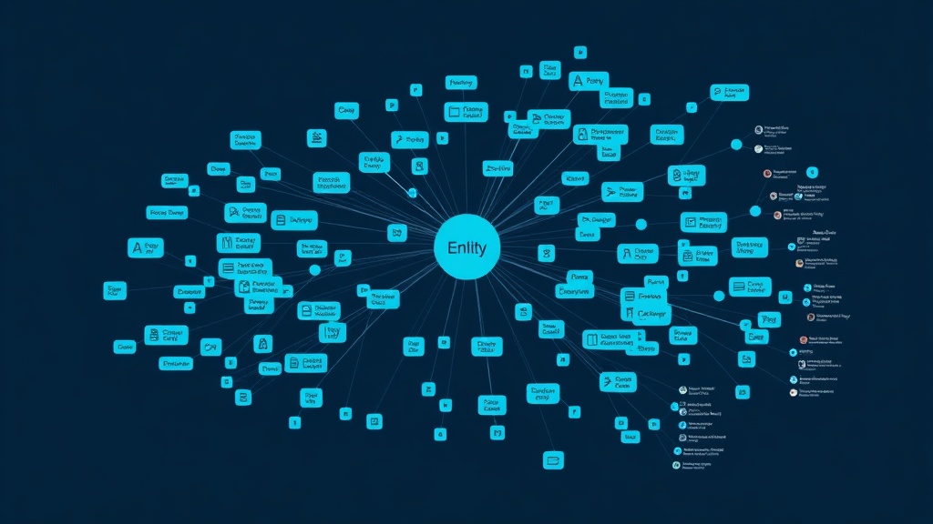 Knowledge graph visualization showing a local business entity connected to location, services, reviews, and industry entities through relationship nodes