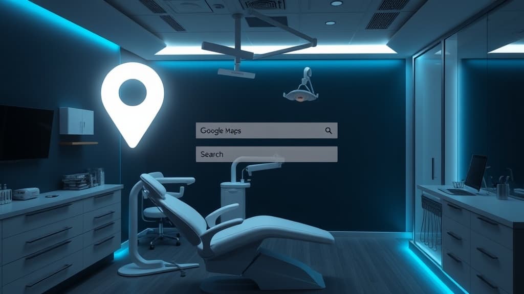 Modern dental office with Google Maps search interface overlay