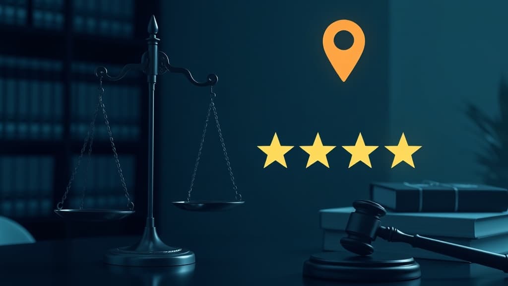 Law office with scales of justice and Google Maps listing overlay