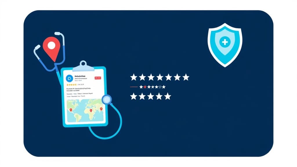 Medical practice with stethoscope icons and Google Maps listing
