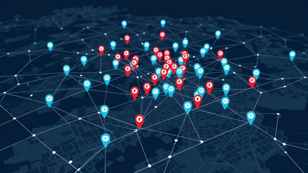 Map with multiple business location pins connected by network lines, showing centralized multi-location local SEO management