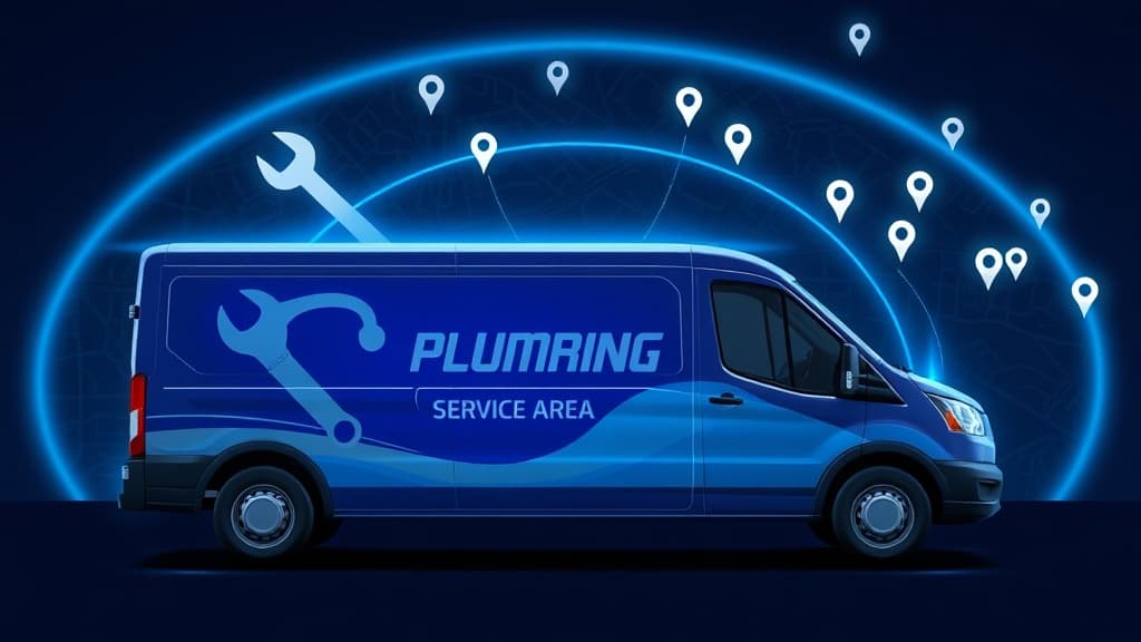 Plumbing service truck with service area radius and Google Maps pins