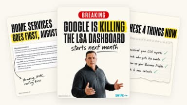 Carousel slides announcing that Google is retiring the Local Services Ads dashboard, with the August 2026 migration timeline and a pre-migration checklist