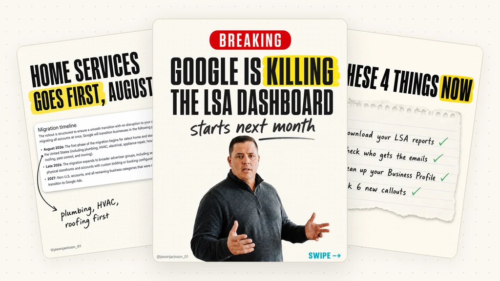 Carousel slides announcing that Google is retiring the Local Services Ads dashboard, with the August 2026 migration timeline and a pre-migration checklist