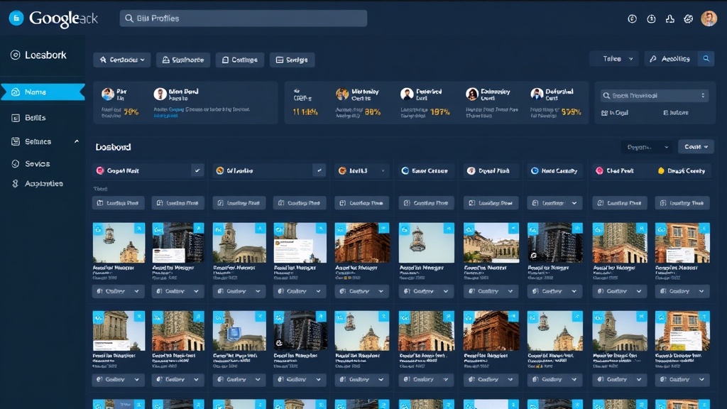 Dashboard view of multiple Google Business Profile listings organized by location with performance metrics and management controls