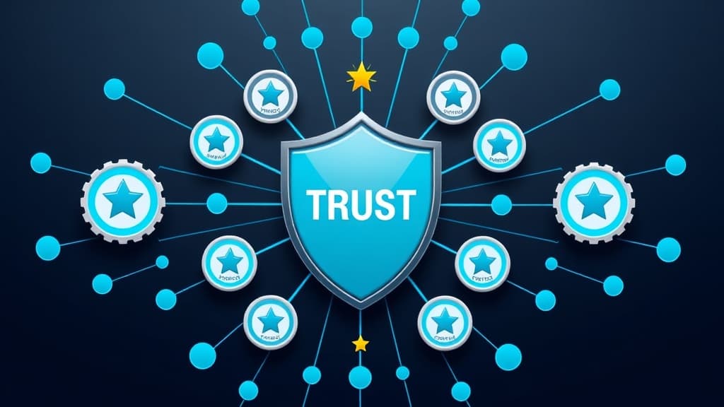 Shield icon surrounded by trust indicators including star ratings, directory logos, SSL lock, and accreditation badges for local SEO
