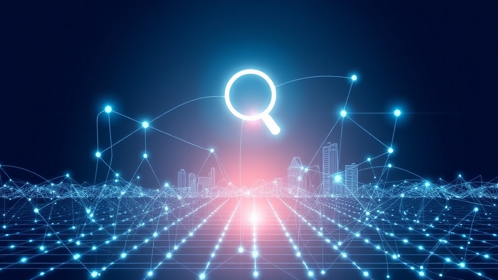 Abstract visualization of AI search technology with neural network nodes, search icon, and city skyline representing Answer Engine Optimization for local businesses