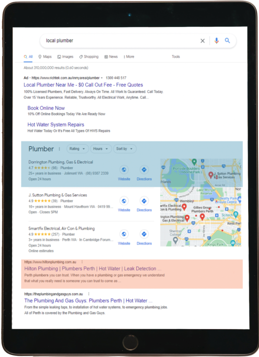 Tablet showing google results for the search of local plumber